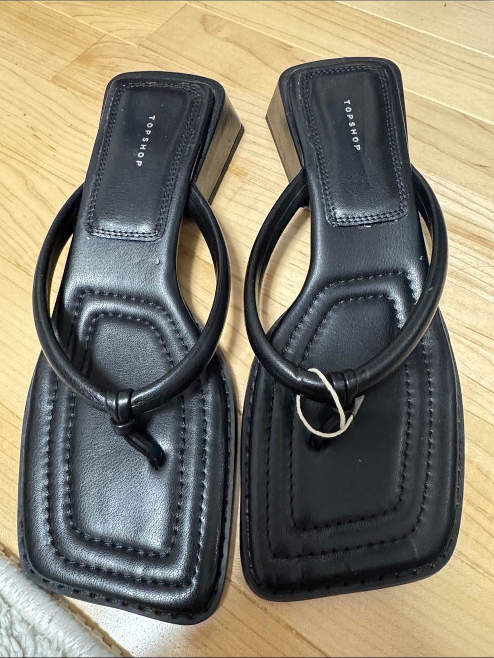 Topshop Black Square-Toe Ring-Detail Heeled Mules